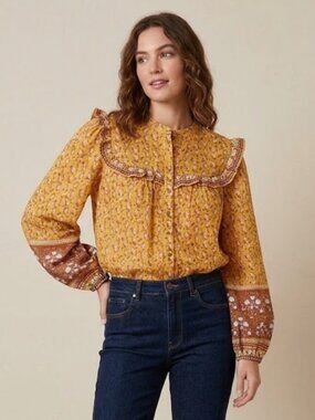 NWT Women Joie Floral Ruffles Cotton Blouse Top Bohemian Yellow